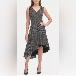 Tommy Hilfiger Sleeveless Asymmetric Hem Midi Dress Black & White Polka Dot
